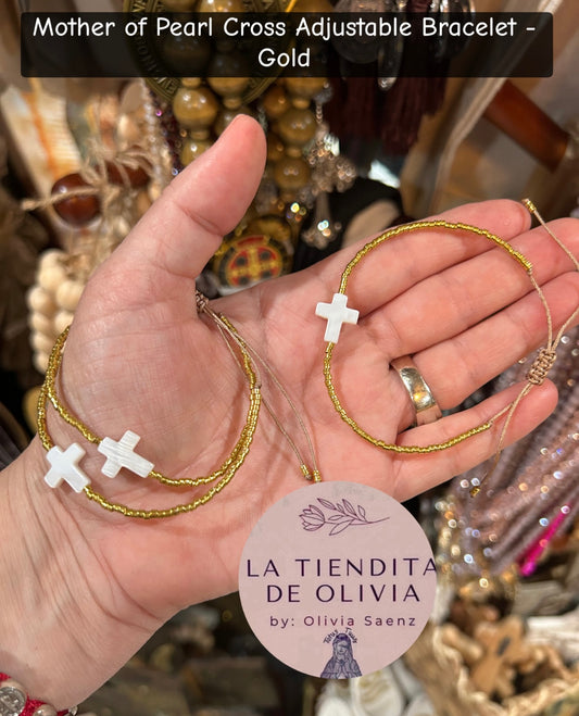 Mother of Pearl Cross Adjustable Bracelet - Gold