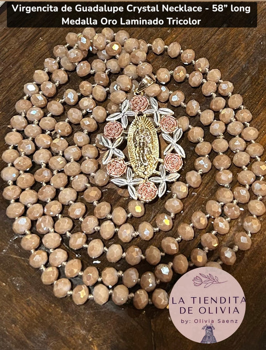 Virgencita de Guadalupe Crystal Necklace - 58” long 
Medalla Oro Laminado Tricolor
