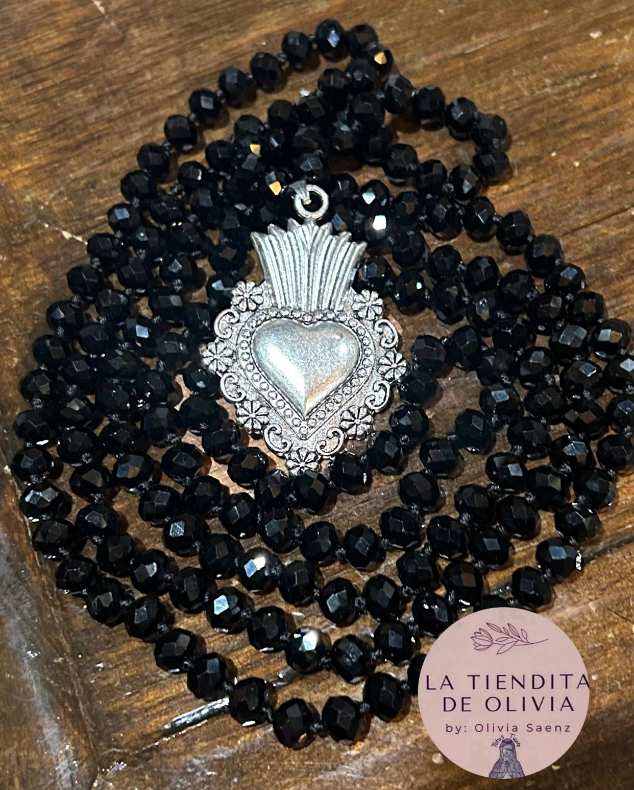 Sagrado Corazón Crystal Necklace Black .         58” long