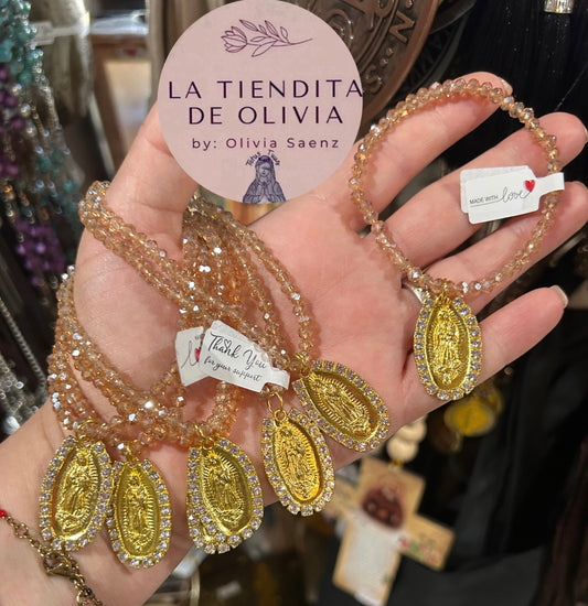 Virgencita de Guadalupe Stretch Crystal Bracelet - Gold & Champagne Color