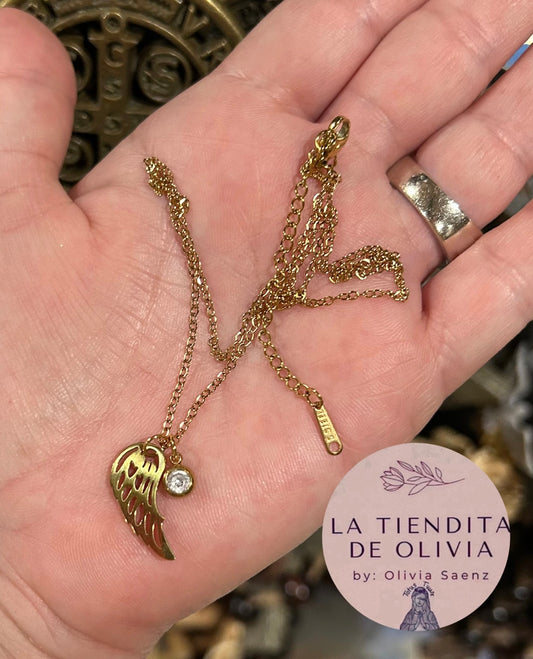 Guardian Angel Wing Pendant Necklace 18”Long  Gold Stainless Steel