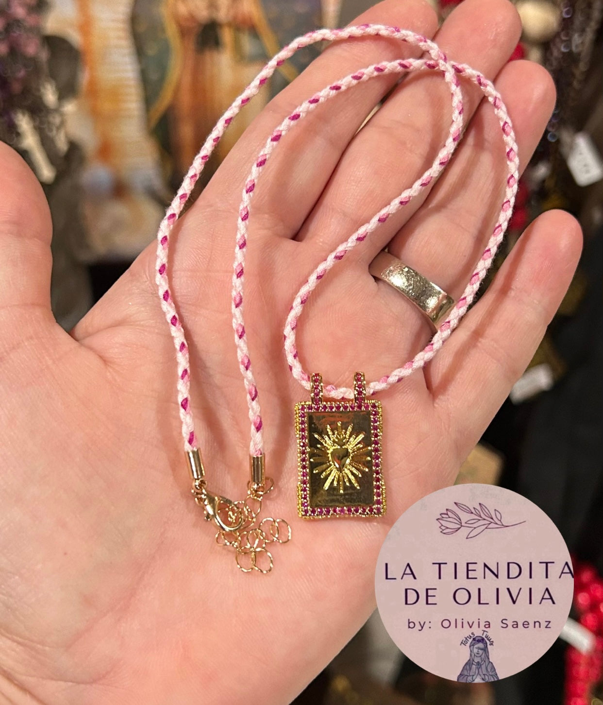 Sacred Heart Necklace 20”long Pink Cord 💗