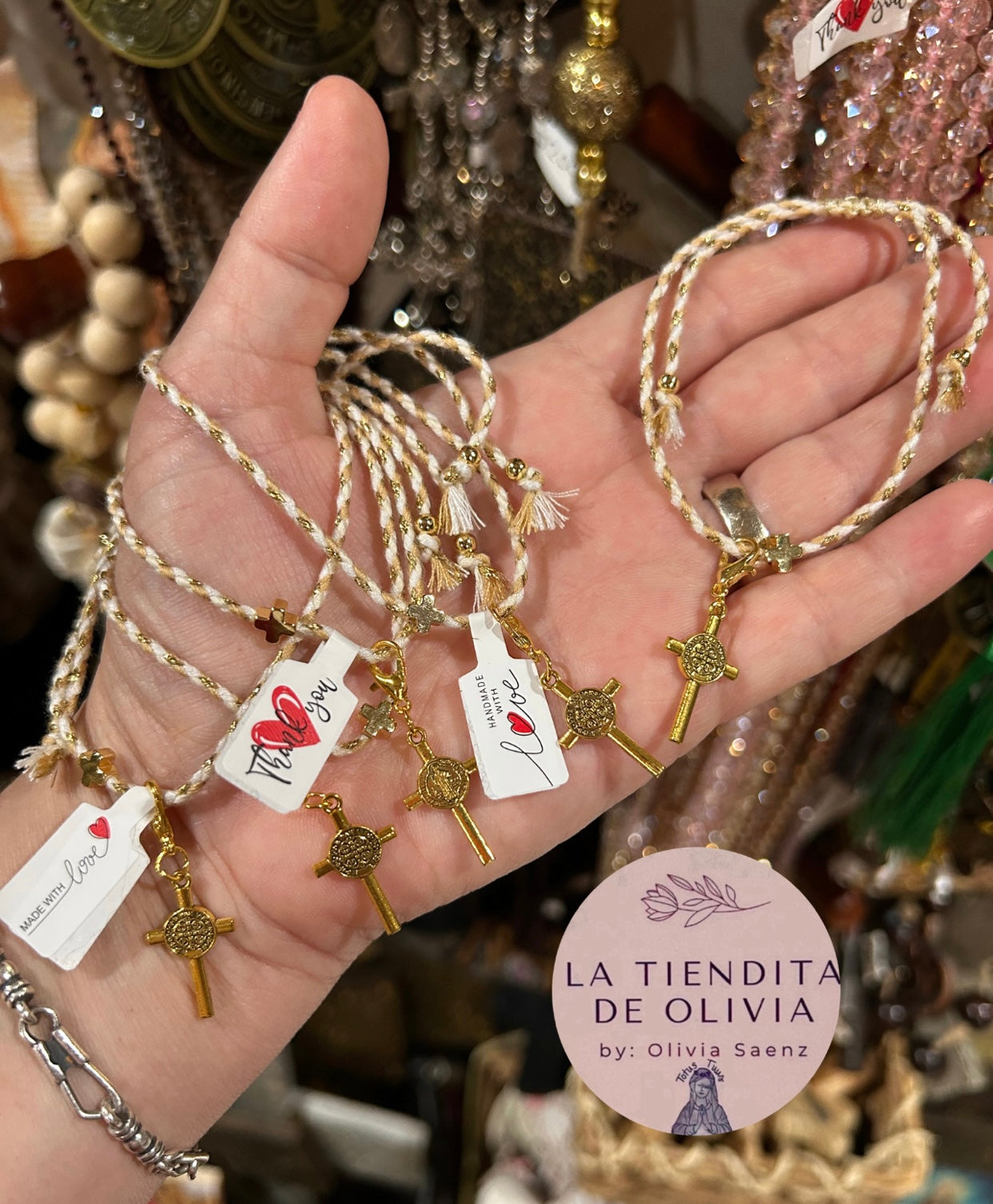 Saint Benedict Gold Cross - Adjustable  Bracelet Gold & Beige