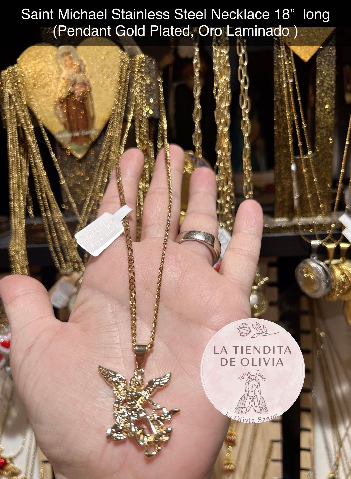 Saint Michael Stainless Steel Necklace 18”  long                       (Pendant Gold Plated, Oro Laminado )