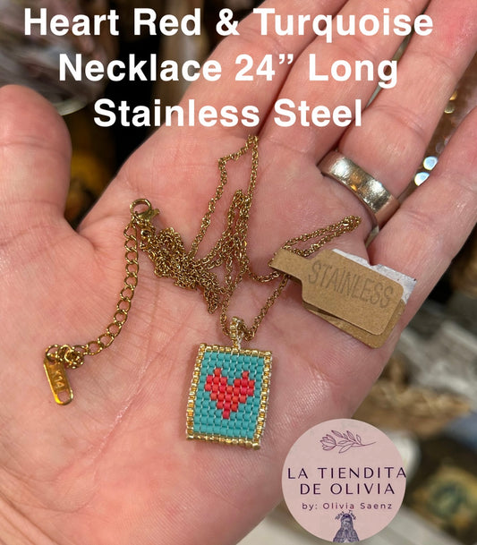 Heart Red & Turquoise Necklace 24” Long Stainless Steel
