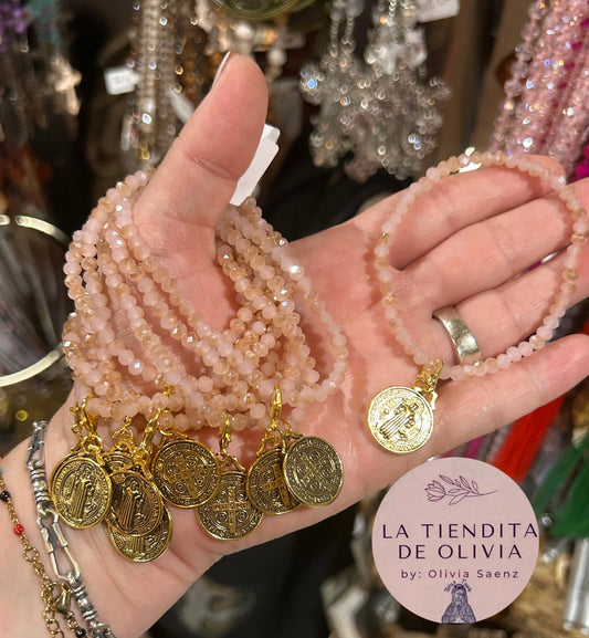 Saint Benedict Gold Medal - Stretch Crystal Bracelet Pink & Champagne Color