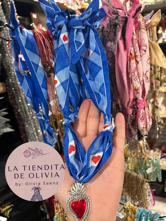 Sagrado Corazón de Jesús ❤️Bandana Necklace Blue with Hearts