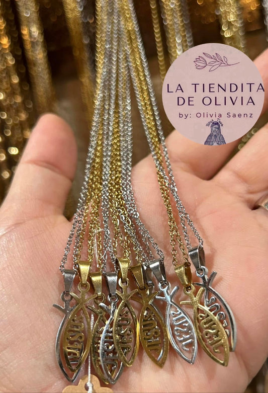 ICHTHUS Jesus Necklace 19”Long Gold Stainless Steel