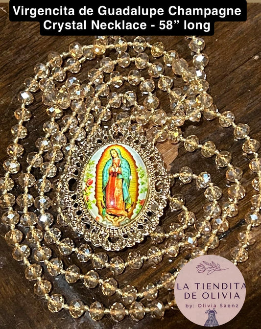 Virgencita de Guadalupe Champagne Crystal Necklace - 58” long