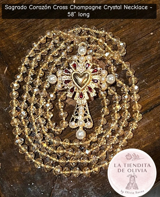 Sagrado Corazón Cross Champagne Crystal Necklace - 58” long