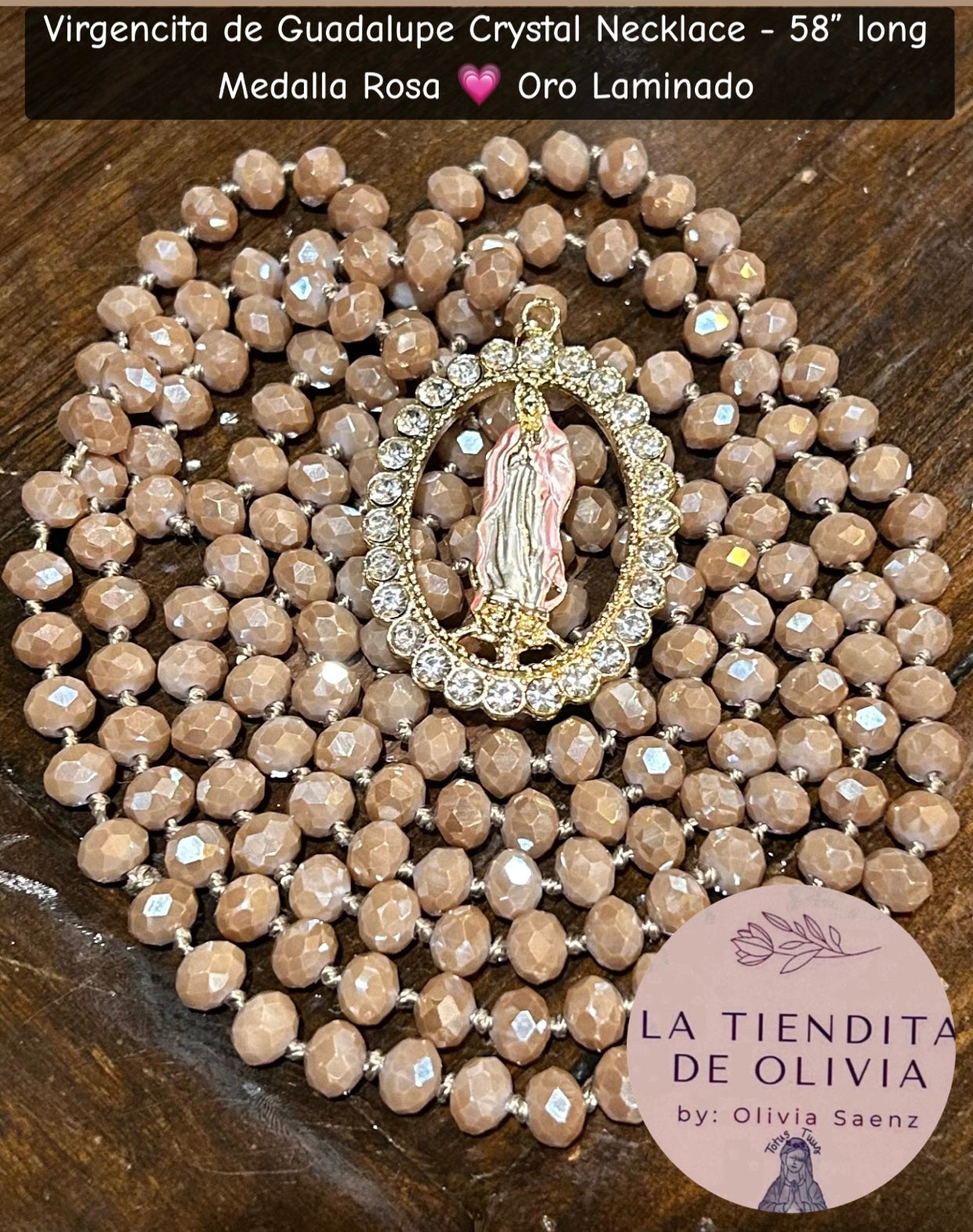 Virgencita de Guadalupe Crystal Necklace - 58” long 
Medalla Rosa 💗 Oro Laminado