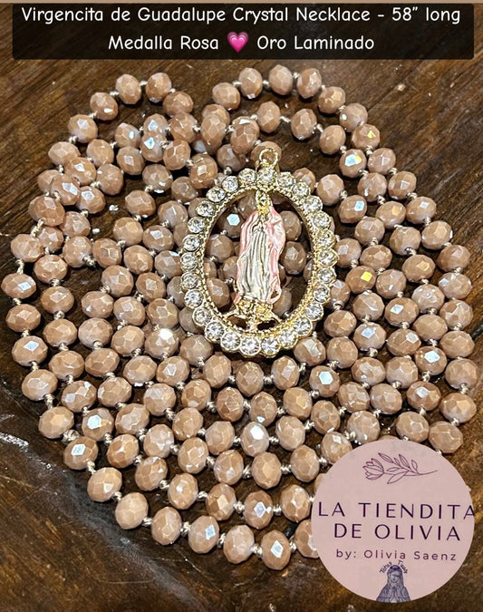 Virgencita de Guadalupe Crystal Necklace - 58” long 
Medalla Rosa 💗 Oro Laminado