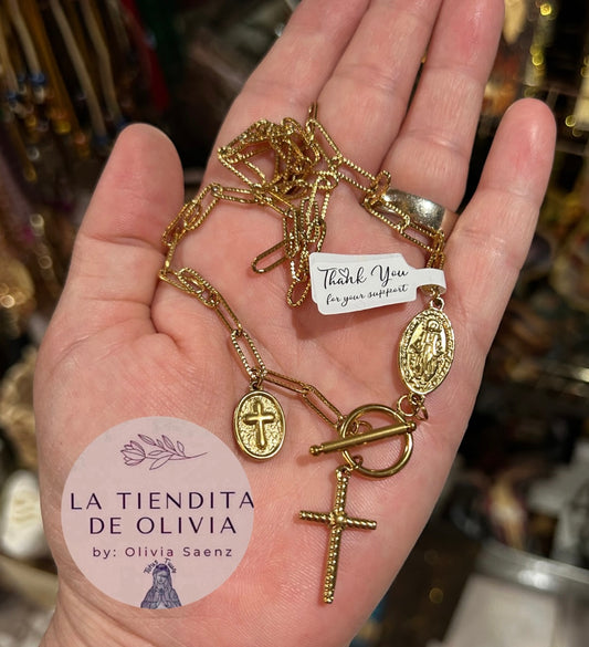 Miraculous Medal Paperclip Necklace 18”long Gold Stainless Steel