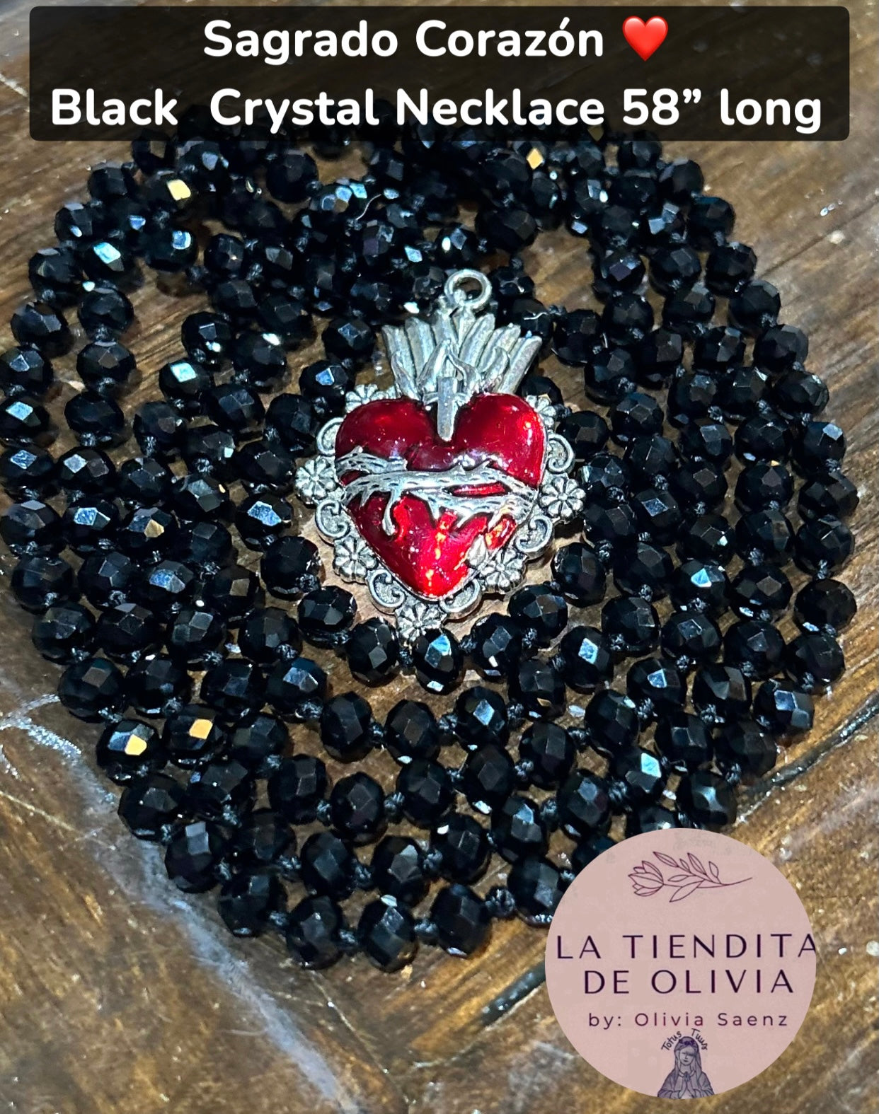 Sagrado Corazón ❤️ Black  Crystal Necklace 58” long