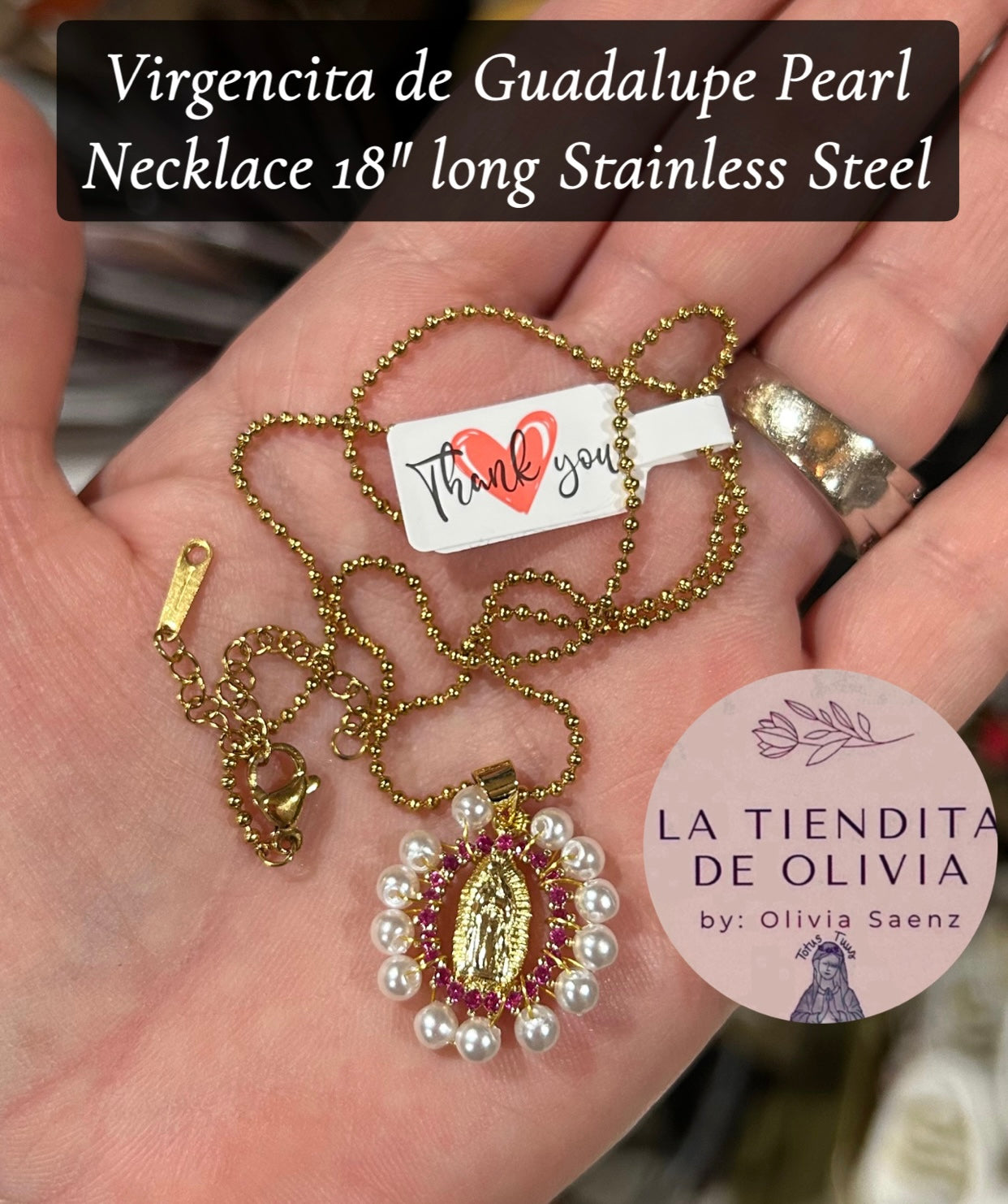 Virgencita de Guadalupe Pearl Necklace 18" long Stainless Steel
