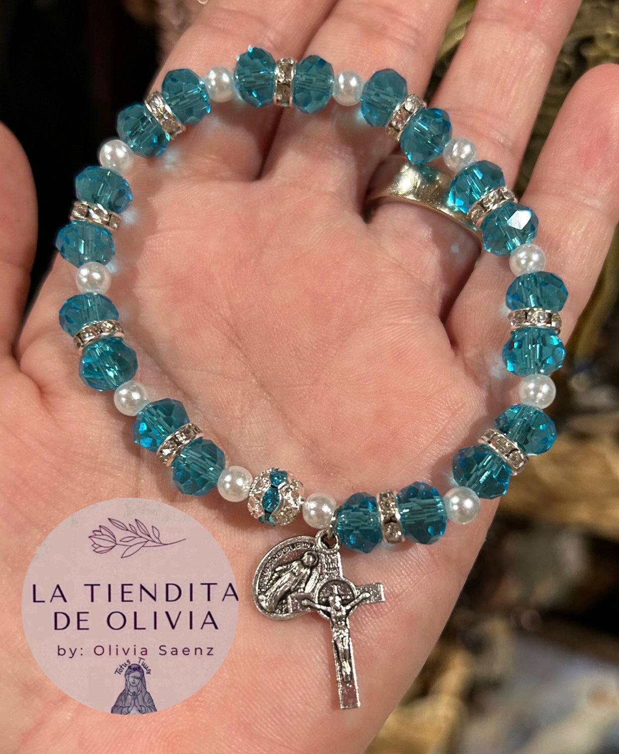 Stretch Turquoise Crystal Rosary Bracelet with Crucifix and Miraculous Medal