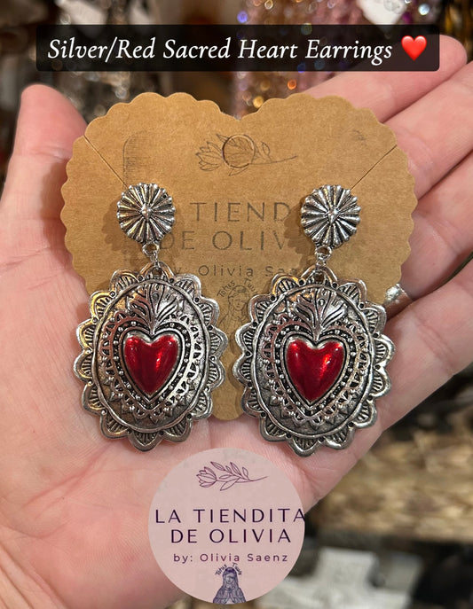 Silver/Red Sacred Heart Earrings ❤️