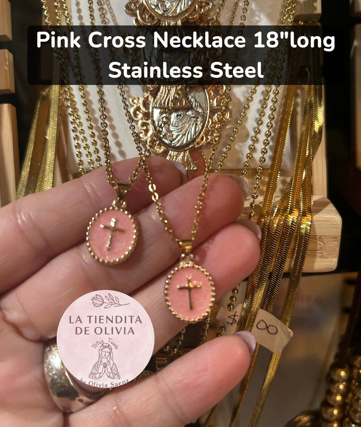 Pink  Cross Necklace  18” long

Stainless Steel