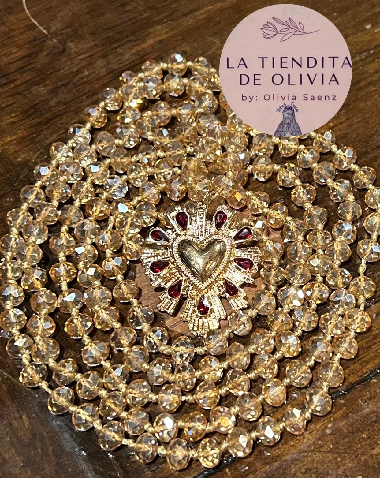 Sacred Heart Red ❤️ Gold  Crystal Necklace - 58” long