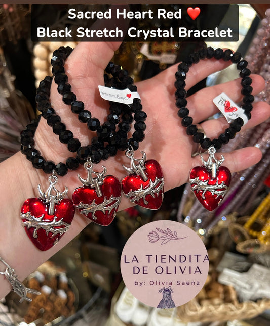 Sacred Heart Red ❤️ Black Stretch Crystal Bracelet