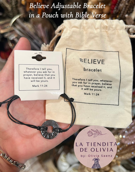 Believe Adjustable Bracelet in a Pouch with Bible Verse