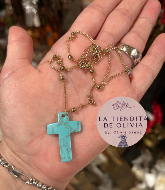 Turquoise Cross Pendant Necklace 18”Long  Gold Plated