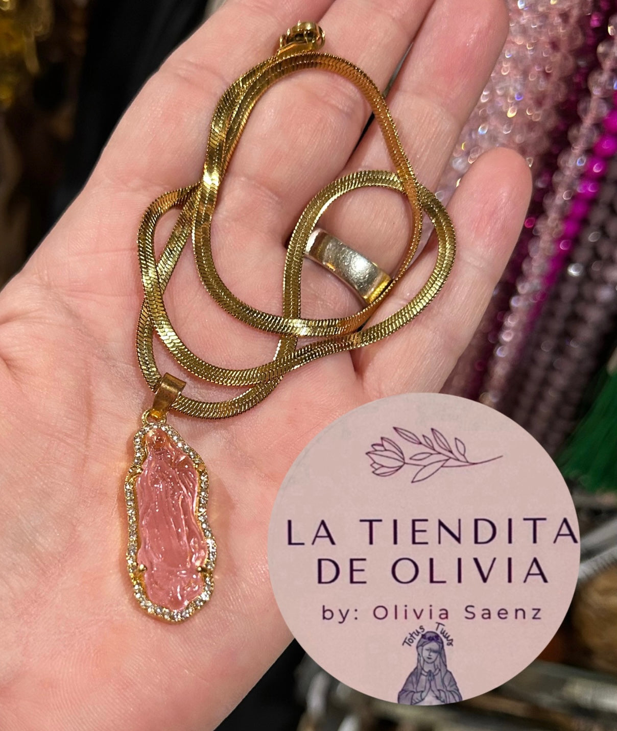 Pink Virgencita de Guadalupe Necklace 18”long Stainless Steel