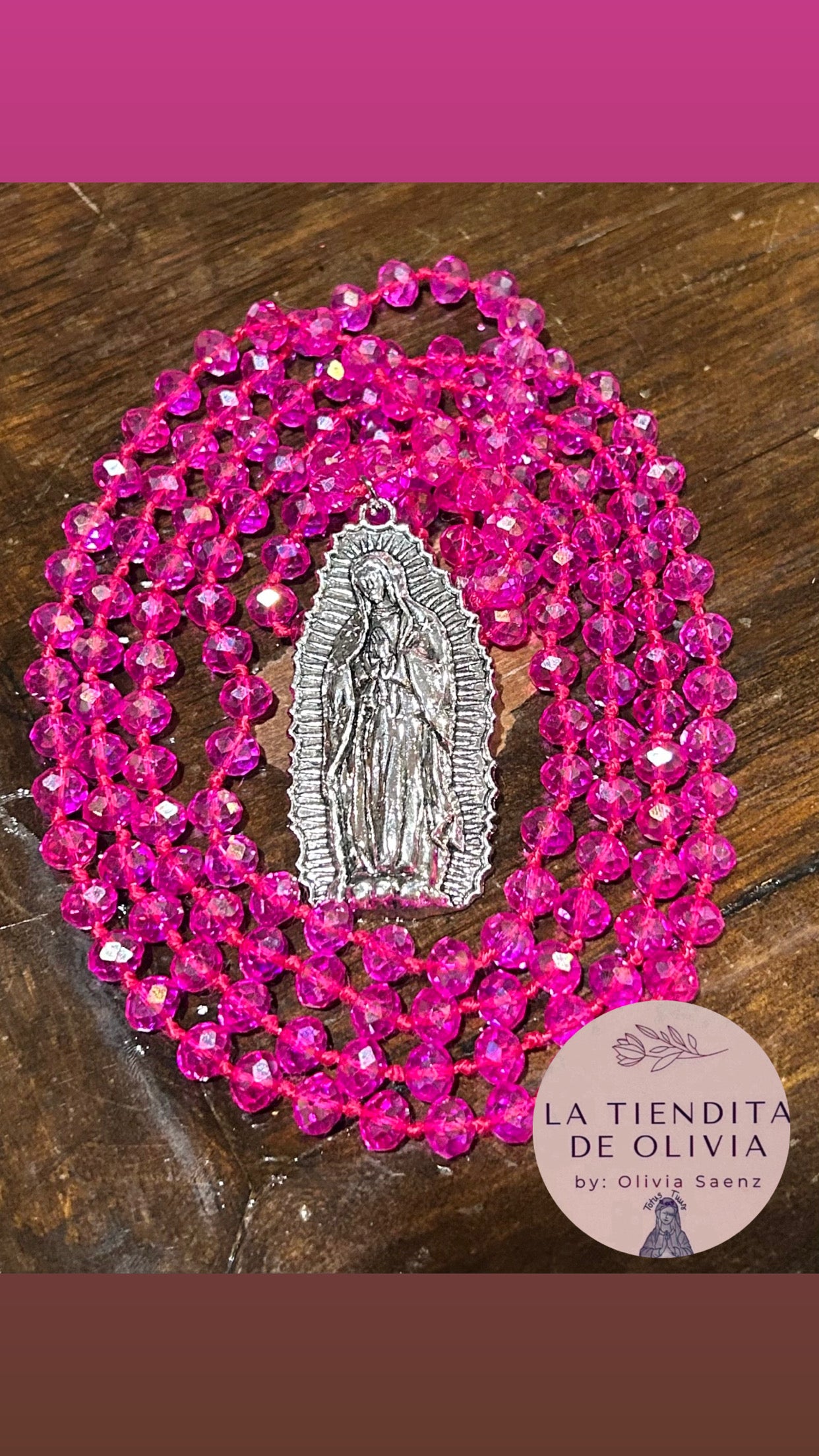 Virgencita de Guadalupe Fushia Crystal Necklace - 58” long