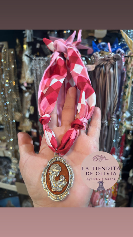 God Bless Mom 
Virgin Mary & Baby Jesus 
Bandana Necklace Pink  & Red