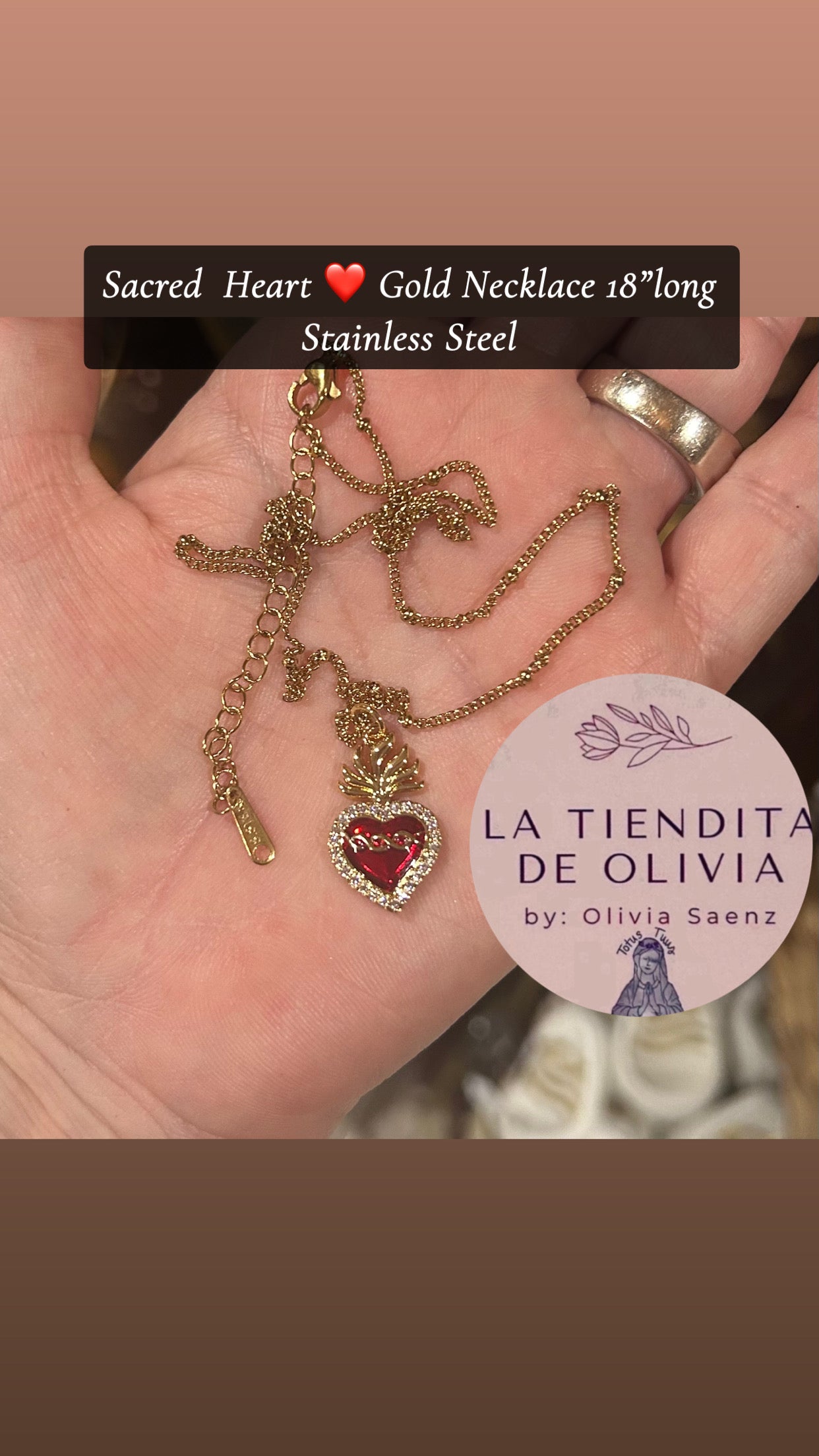 Sacred  Heart ❤️ Gold Necklace 18”long Stainless Steel