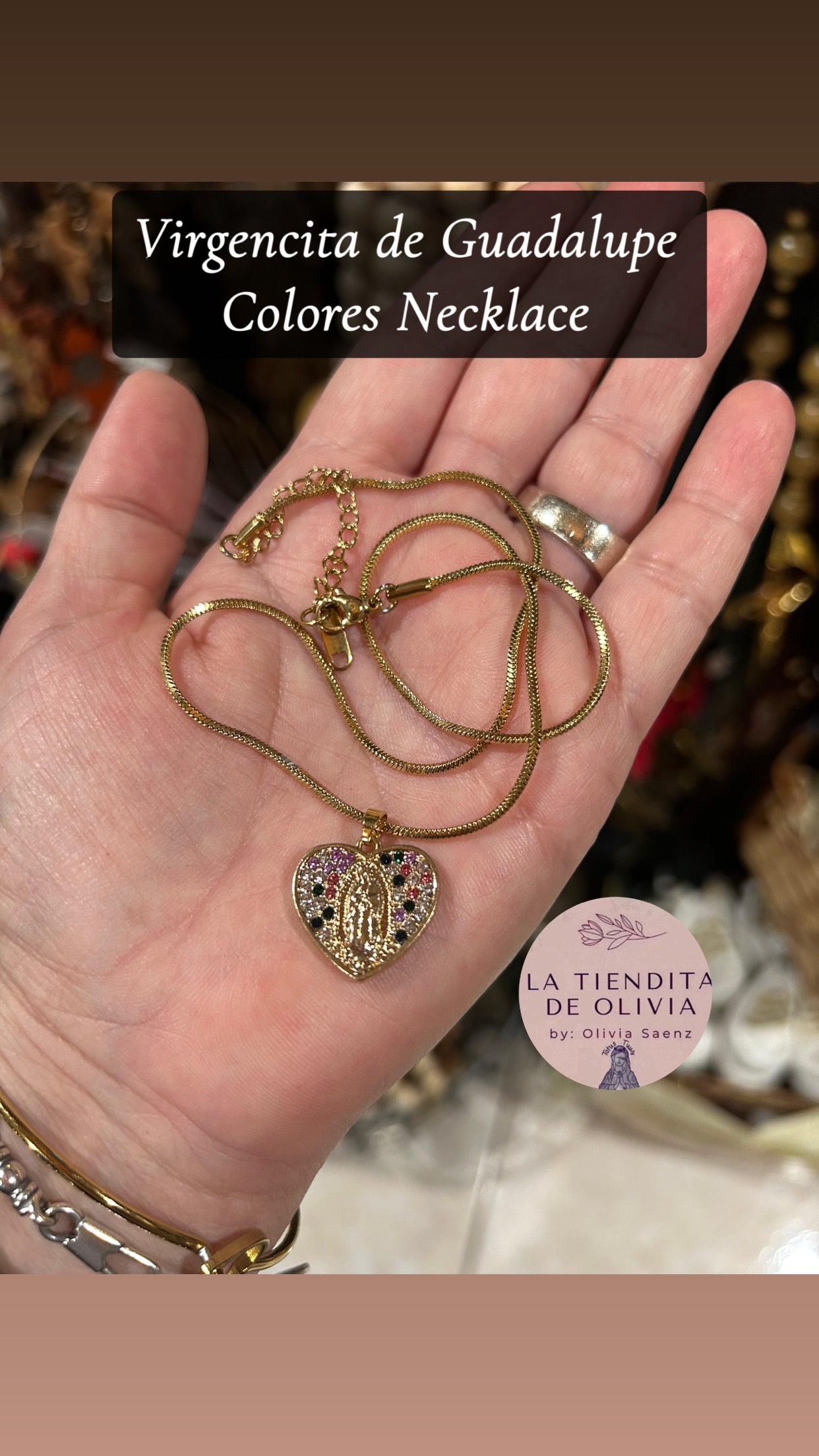 Virgencita de Guadalupe Colores Necklace 18” long Stainless Steel