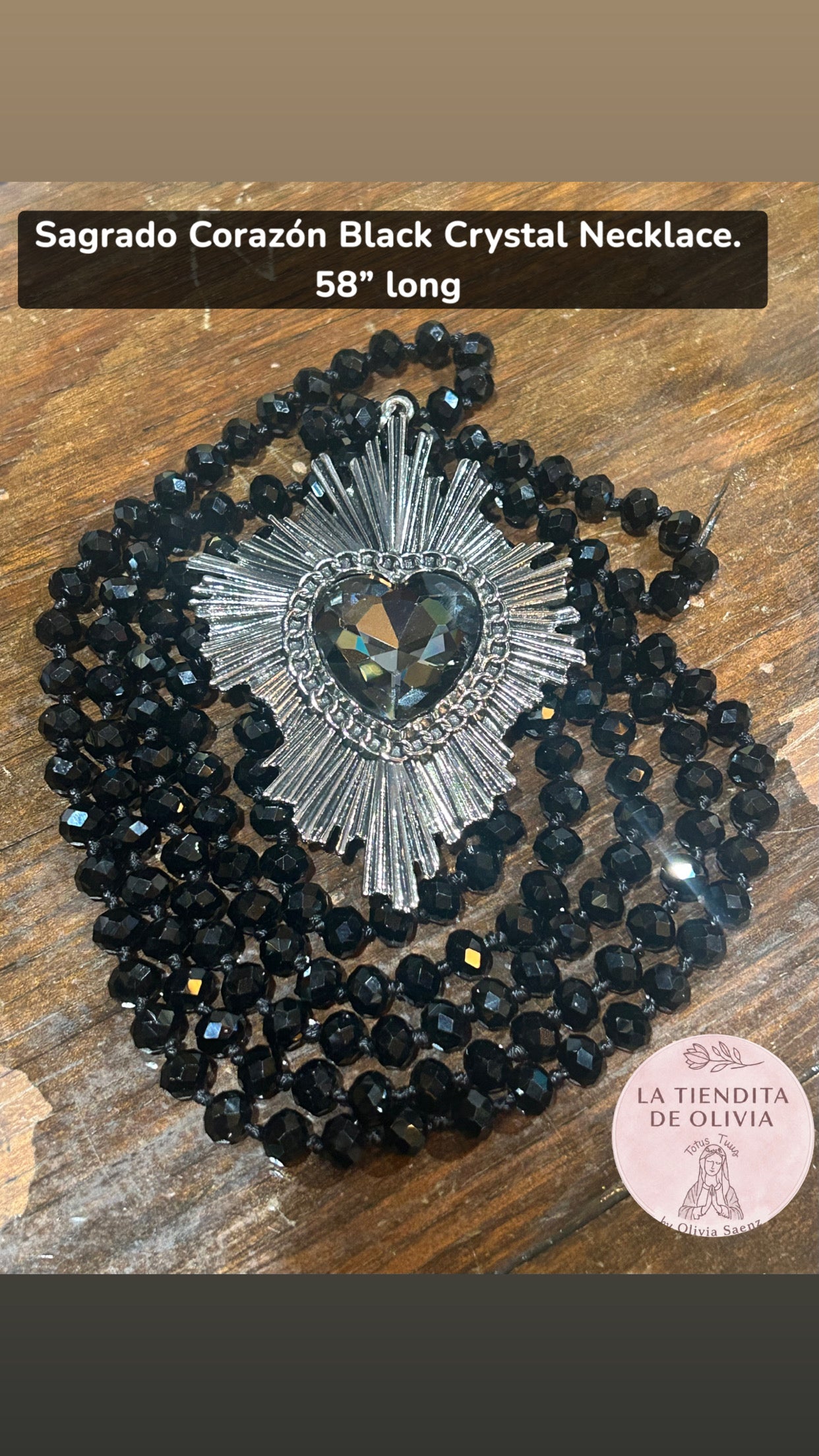 Sagrado Corazón Black Crystal Necklace.  58” long