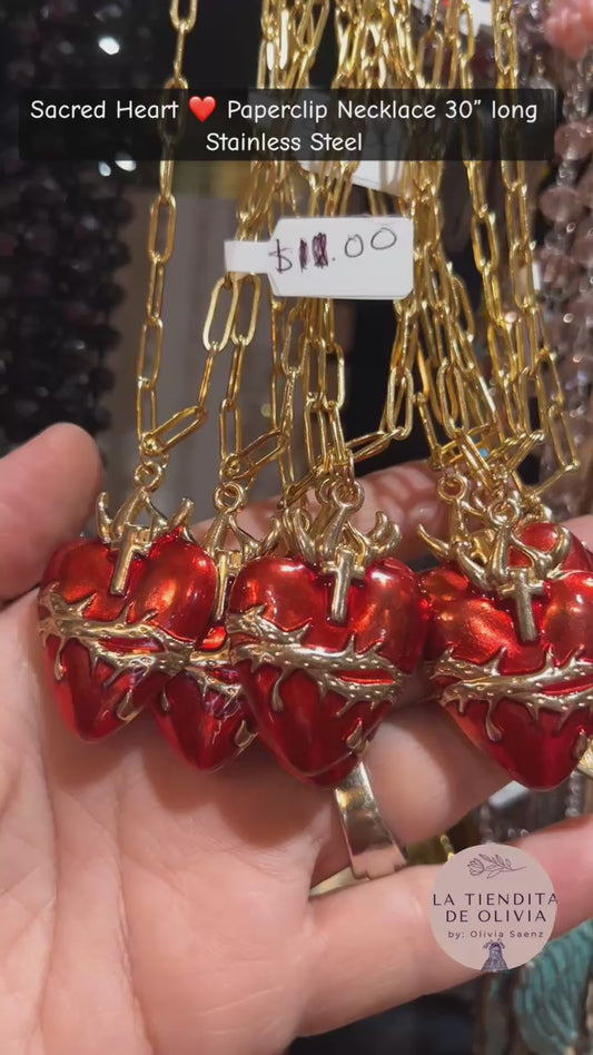 Sacred Heart ❤️ Paperclip Necklace 30” long Stainless Steel